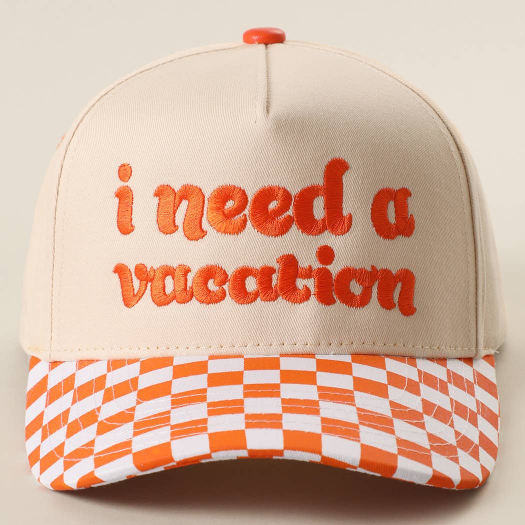 I Need A Vacation Embroidered Checkered Brim Trucker Hat: BLACK / ONE SIZE { product_type }}