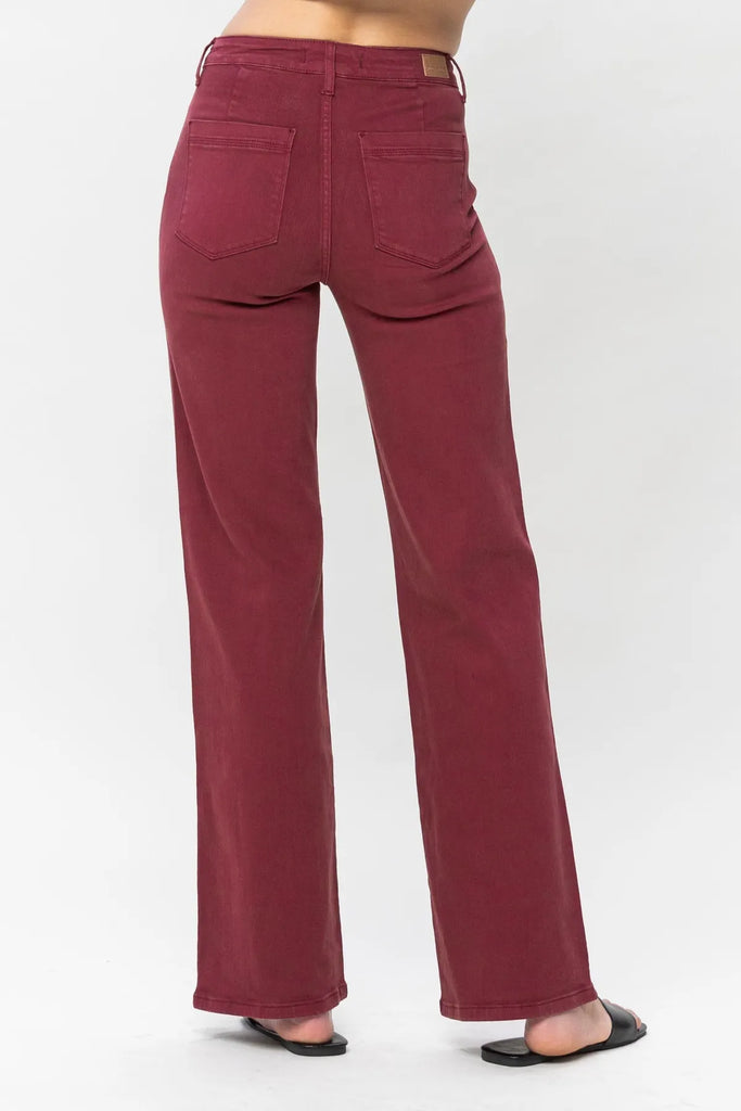 Judy Blue - Burgundy Garment Dyed Front Seam Straight-Denim-Judy Blue-Three Birdies Boutique, Women's Fashion Boutique Located in Kearney, MO