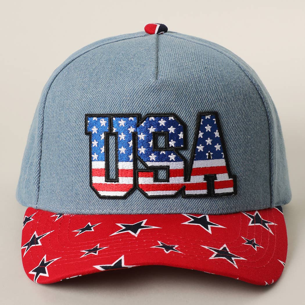 USA Embroidered Letter Patch Denim Trucker Hat: DENIM-RED / ONE SIZE { product_type }}
