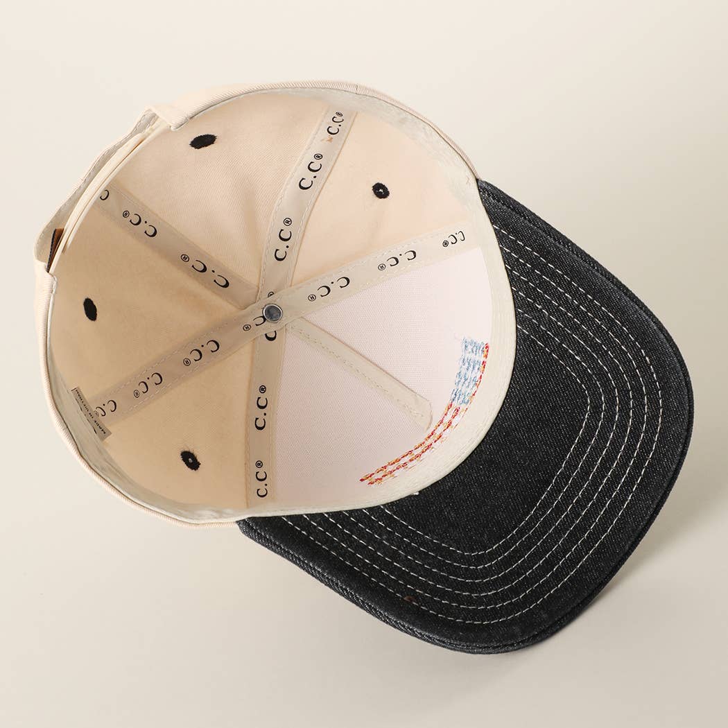 Floral American Flag Embroidered Two-Tone Denim Trucker Hat: LT DENIM / ONE SIZE { product_type }}