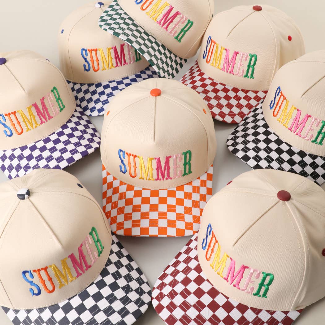 SUMMER Embroidered Checkered Brim Trucker Hat: BLUE / ONE SIZE { product_type }}