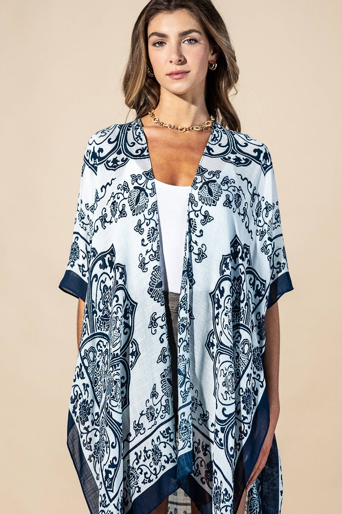 Santorini Mandala Viscose Kimono: Royal Mandala-Urbanista-Three Birdies Boutique, Women's Fashion Boutique Located in Kearney, MO