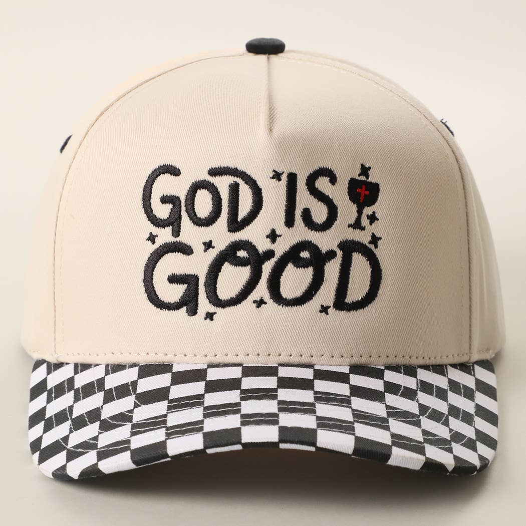 GOD IS GOOD Embroidered Checkered Brim Trucker Hat: RED / ONE SIZE { product_type }}