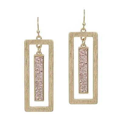 Rose Gold Druzy and Gold Open Rectangle Earrings-Earrings-What's Hot-Three Birdies Boutique, Women's Fashion Boutique Located in Kearney, MO