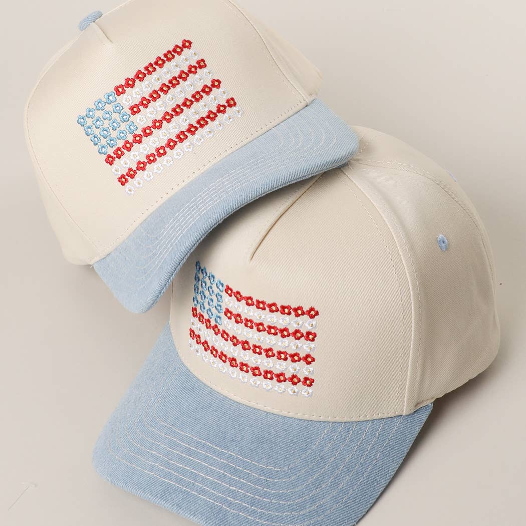 Floral American Flag Embroidered Two-Tone Denim Trucker Hat: LT DENIM / ONE SIZE { product_type }}