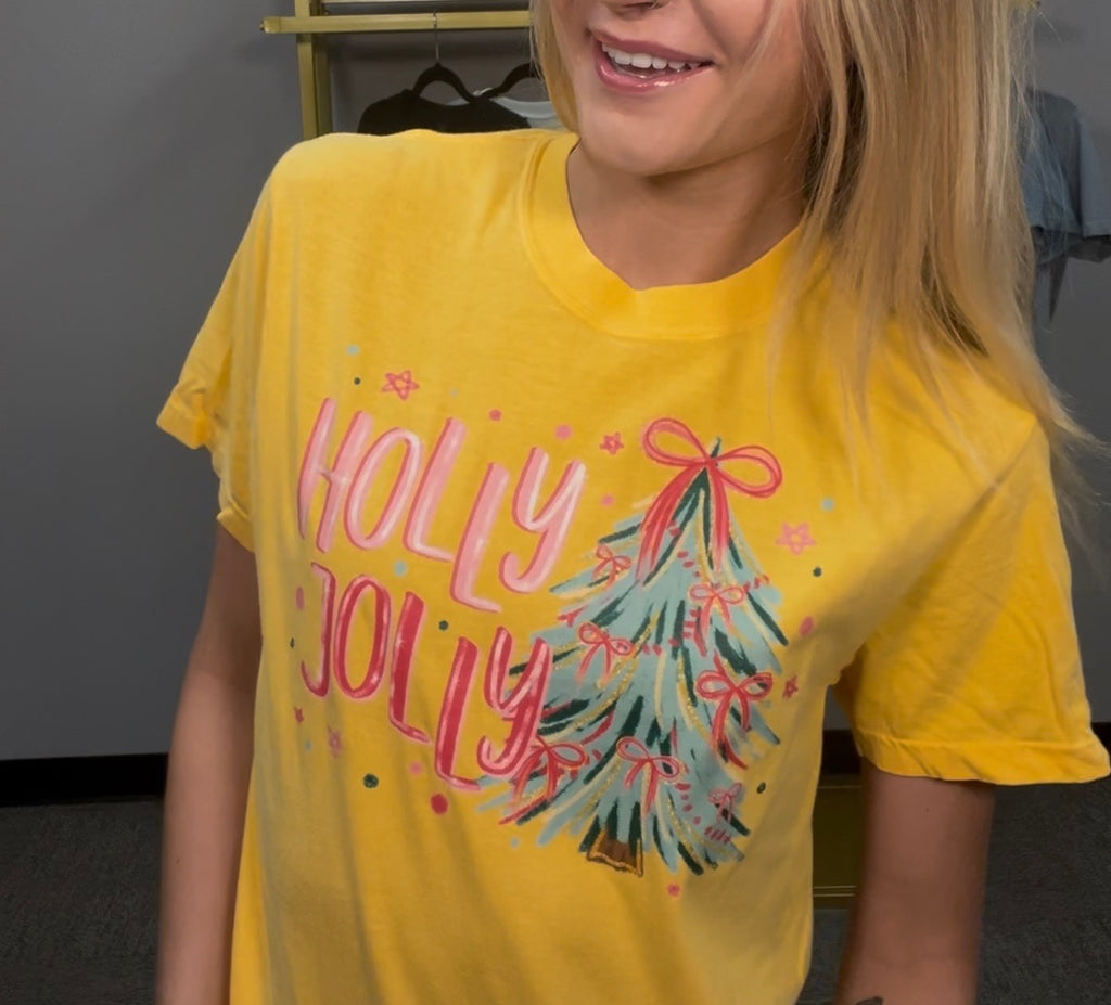 Holly Jolly Tee Yellow-Graphic Tees-Tres Birdos Graphic Tees-Three Birdies Boutique, Women's Fashion Boutique Located in Kearney, MO