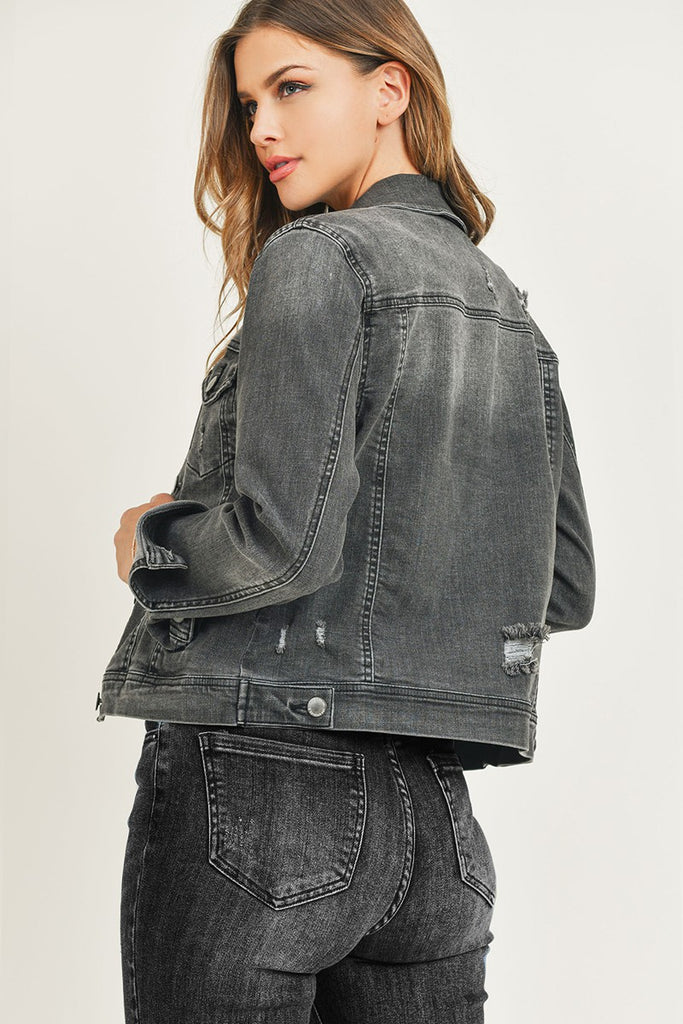 Vintage Wash Grey Denim Jacket-Denim Jacket-Risen-Three Birdies Boutique, Women's Fashion Boutique Located in Kearney, MO