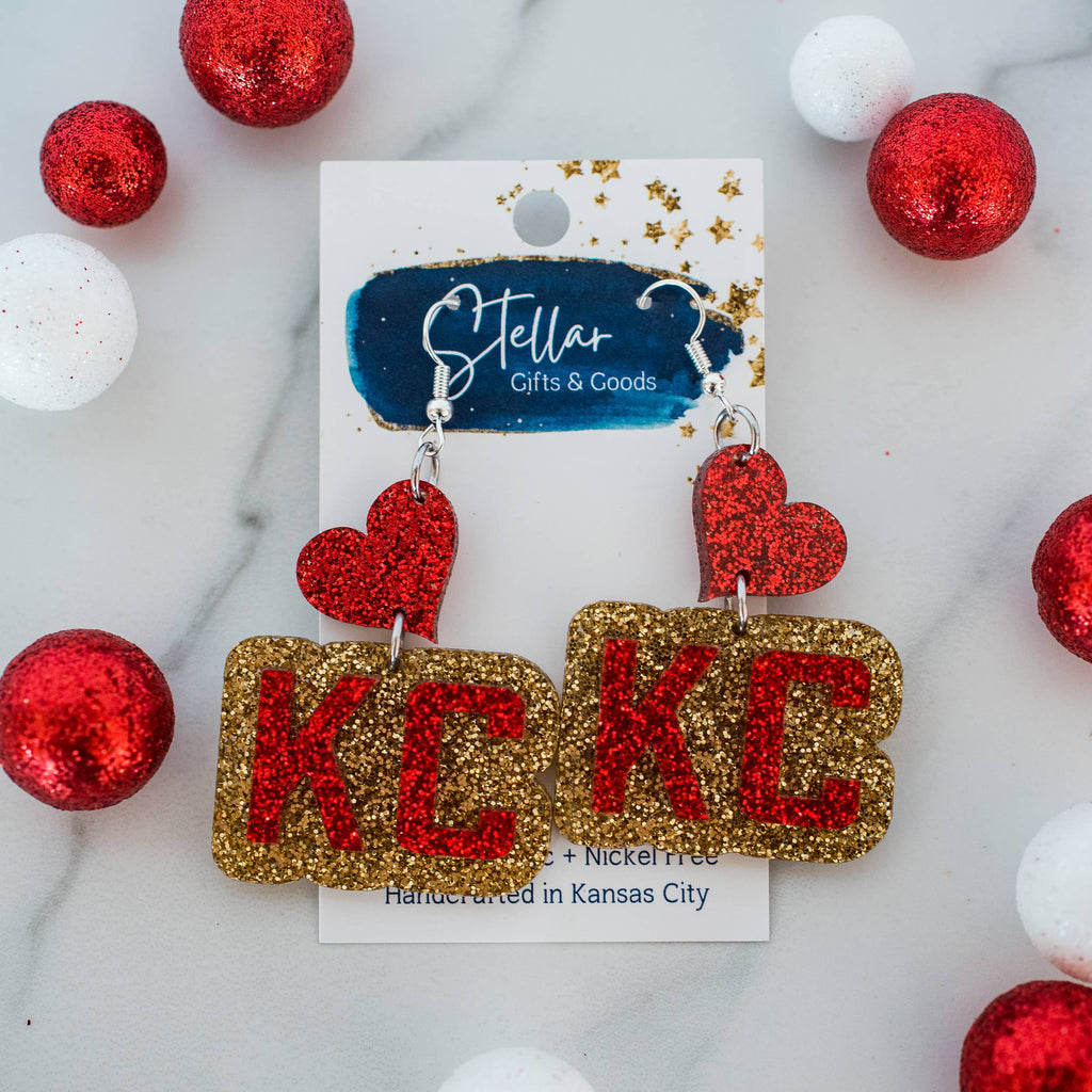 KC Football - Glitter KC Heart Drops Kansas City Red Gold-Jewelry-Stellar Gifts & Goods Wholesale-Three Birdies Boutique, Women's Fashion Boutique Located in Kearney, MO
