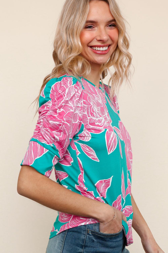 Floral Knit Top With Bubble Sleeve-Shirts & Tops-Haptics-Three Birdies Boutique, Women's Fashion Boutique Located in Kearney, MO