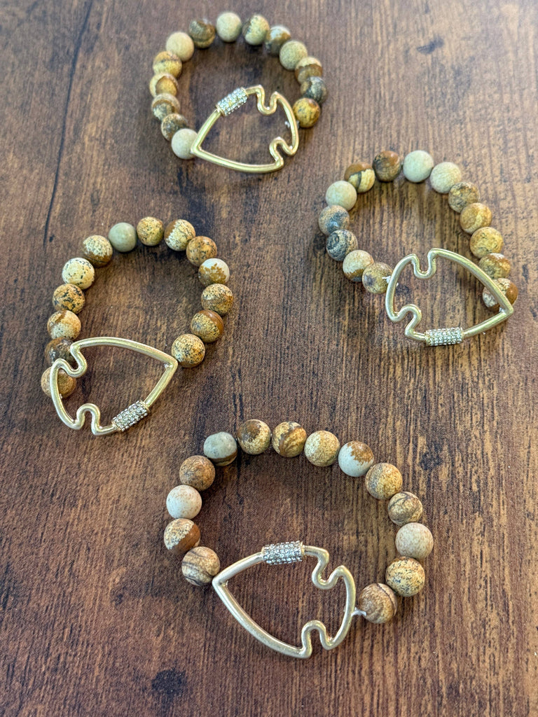 NEW! Bling Arrowhead Chunky Stone Stretch Bracelet: Pink Zebra Jasper-Paco Designs-Three Birdies Boutique, Women's Fashion Boutique Located in Kearney, MO