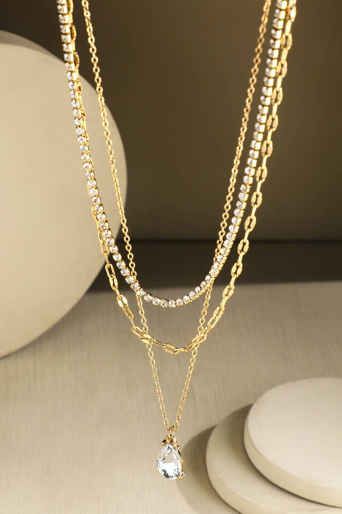 Silver Triple Layer Crystal Teardrop Necklace-Urbanista-Three Birdies Boutique, Women's Fashion Boutique Located in Kearney, MO