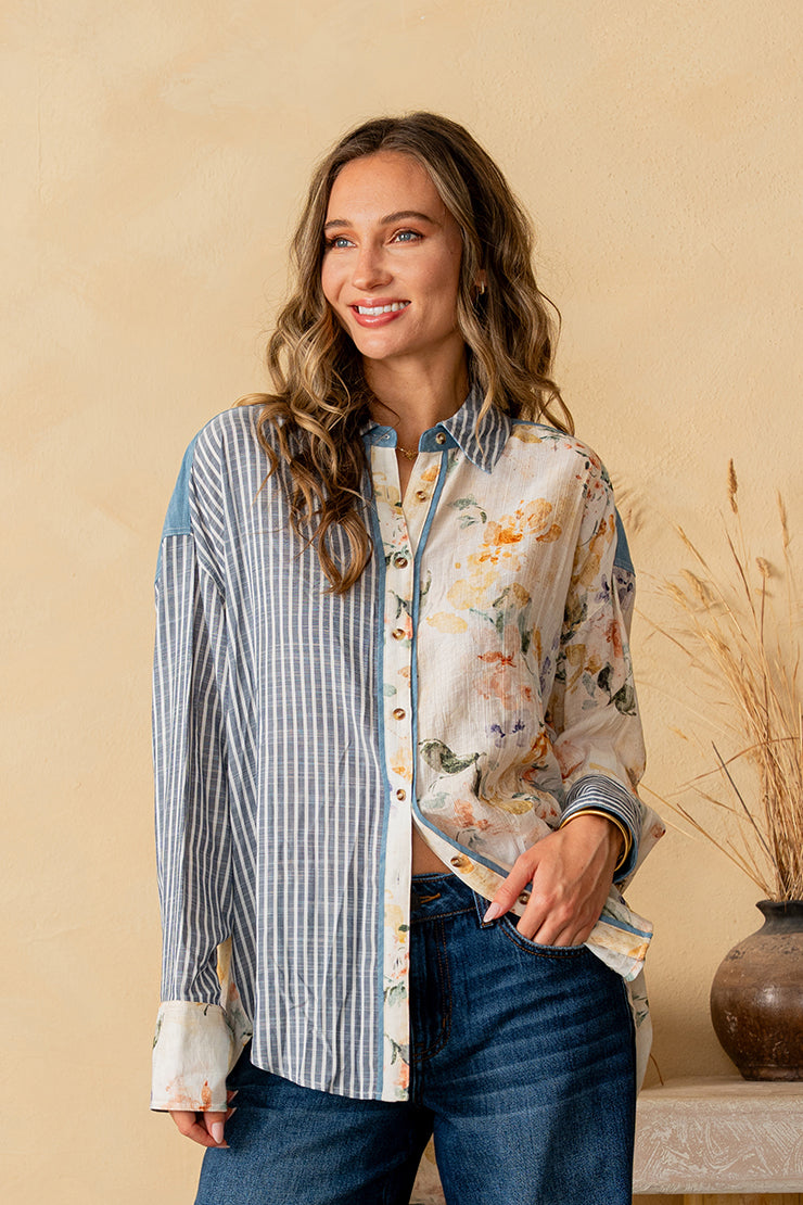 Floral Stripe Button Down Top { product_type }}