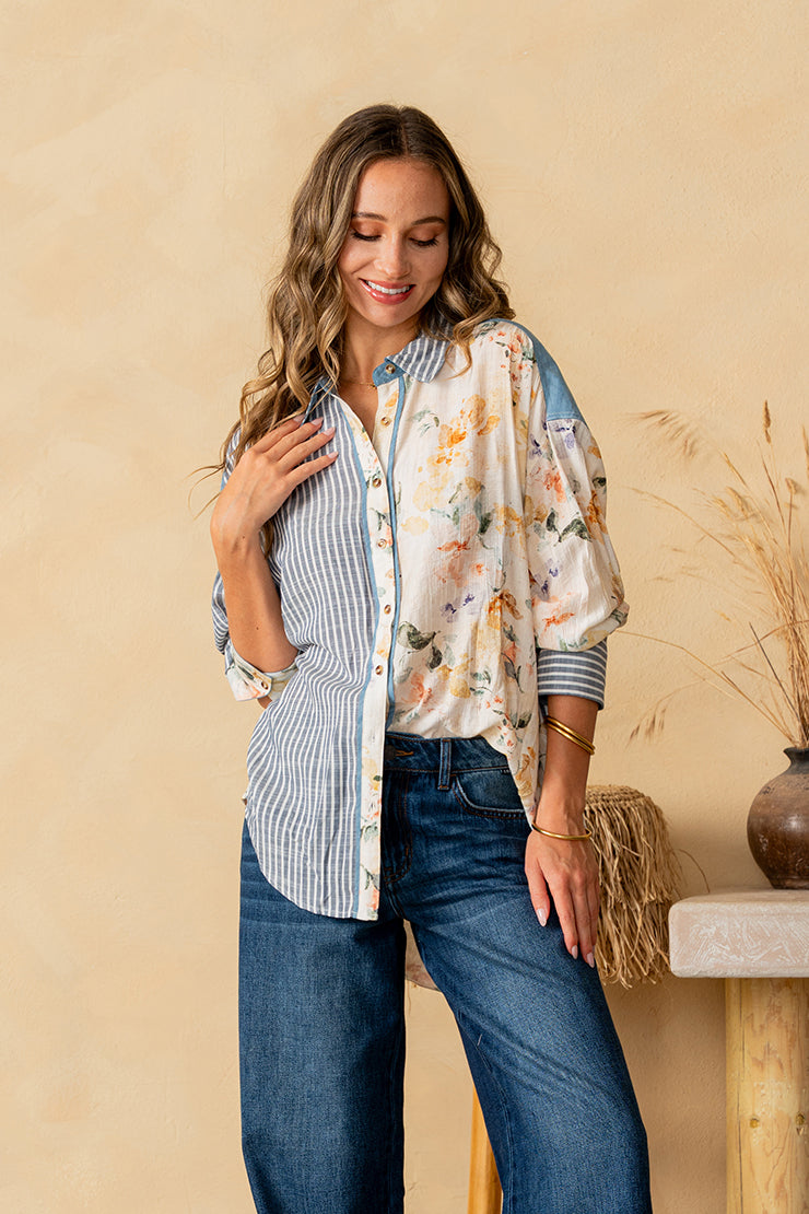Floral Stripe Button Down Top { product_type }}