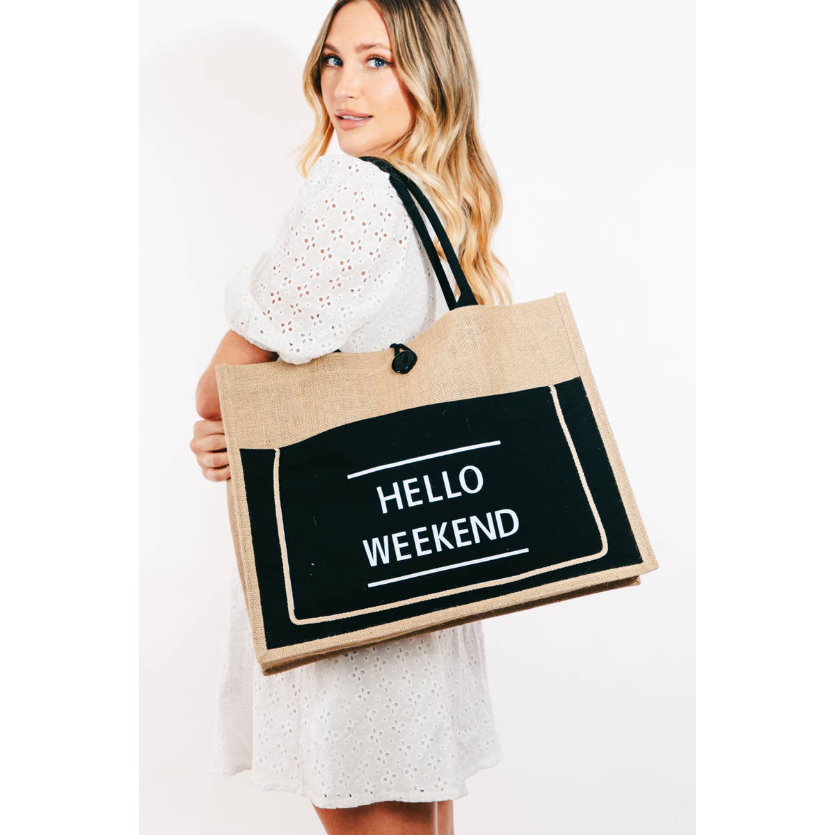 Hello Weekend Burlap Tote Bag: IV { product_type }}