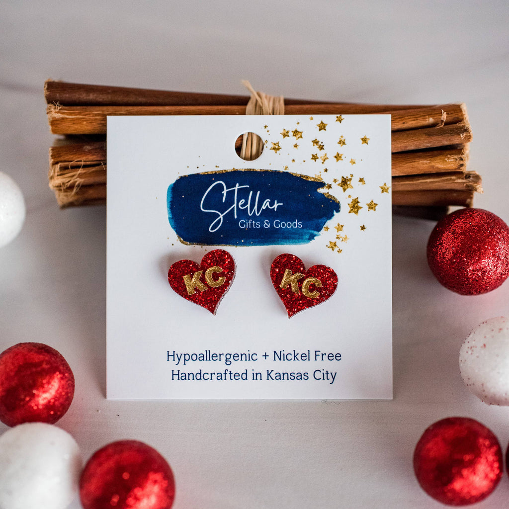 Kansas City Football Hand Painted Red Glitter KC Heart Studs-Jewelry-Stellar Gifts & Goods Wholesale-Three Birdies Boutique, Women's Fashion Boutique Located in Kearney, MO