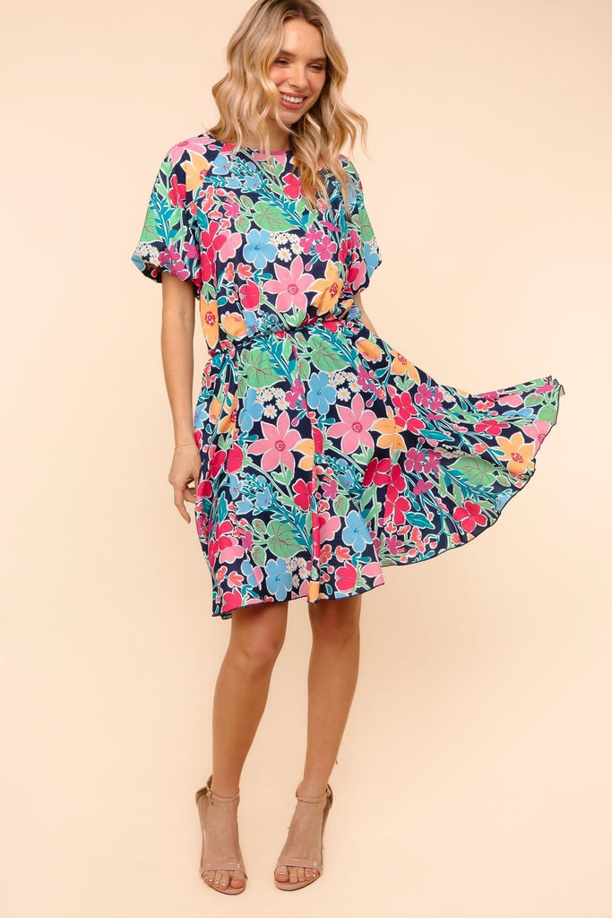 Bubble Short Sleeve Dress W/ Back Button-Midi Dresses-Haptics-Three Birdies Boutique, Women's Fashion Boutique Located in Kearney, MO