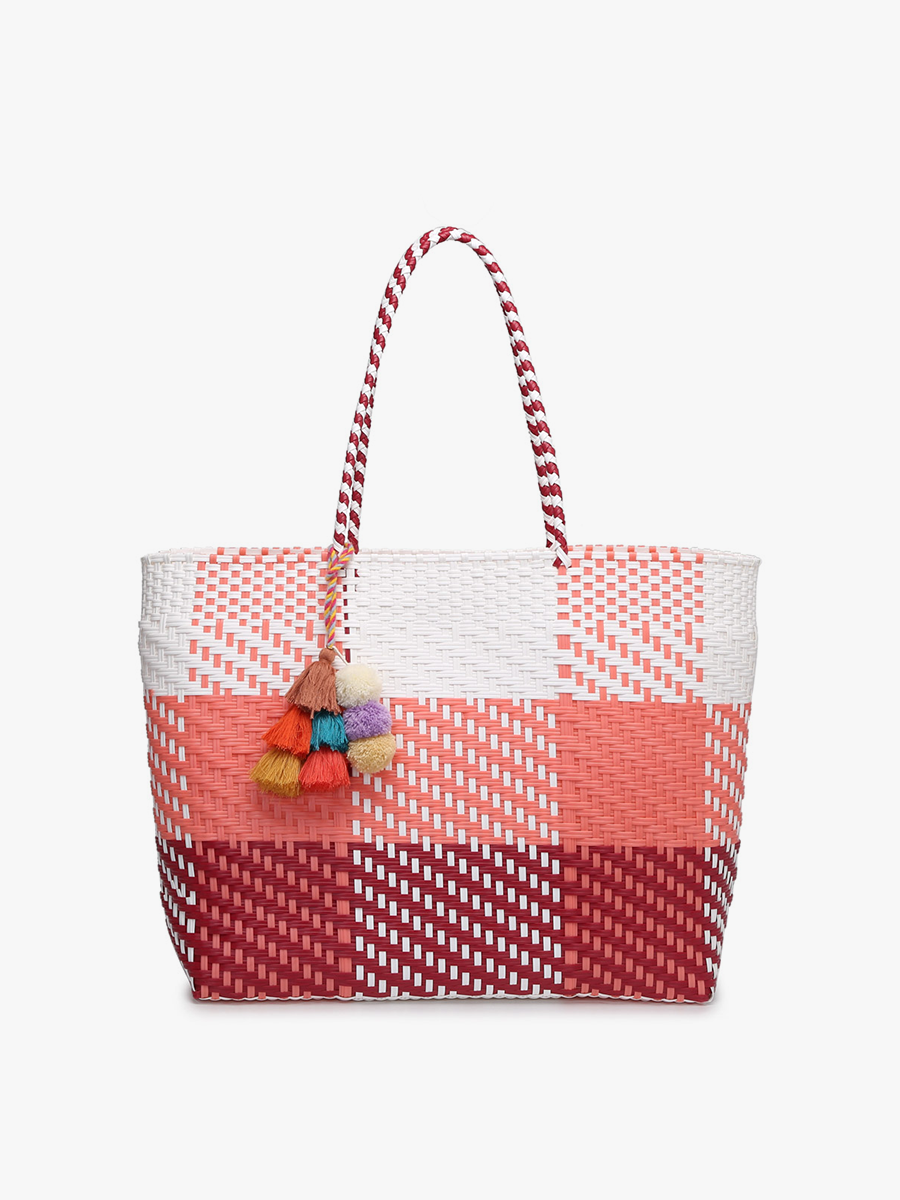 Shelby Large Handwoven Tote with Pom-Poms - Plaid Pink/White { product_type }}