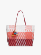 Shelby Large Handwoven Tote with Pom-Poms - Plaid Pink/White { product_type }}
