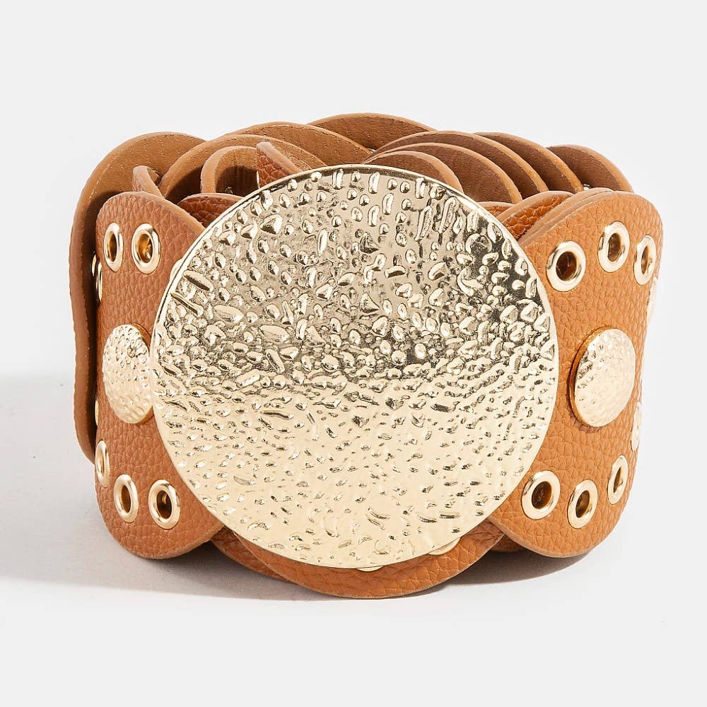 Hammered Disc Accent Faux Leather Panel Link Belt: BZS { product_type }}