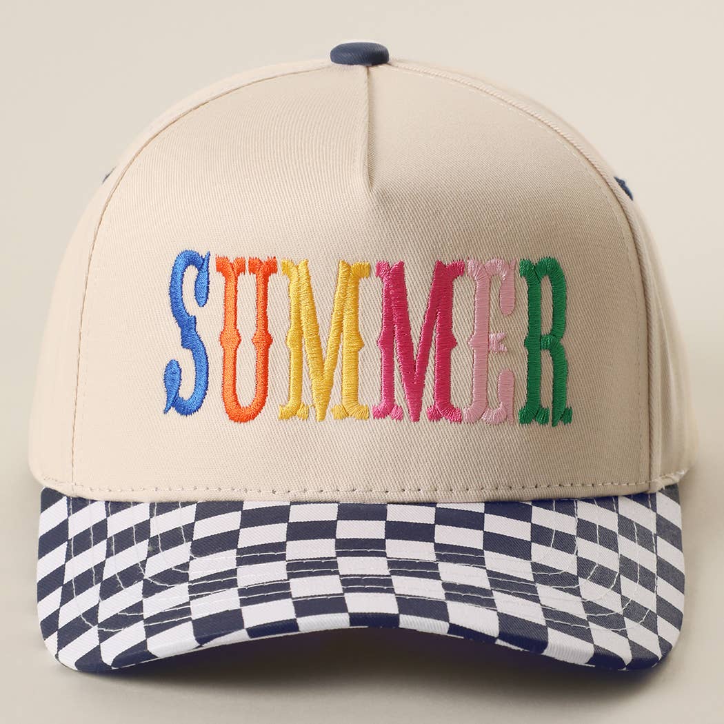 SUMMER Embroidered Checkered Brim Trucker Hat: BLUE / ONE SIZE { product_type }}