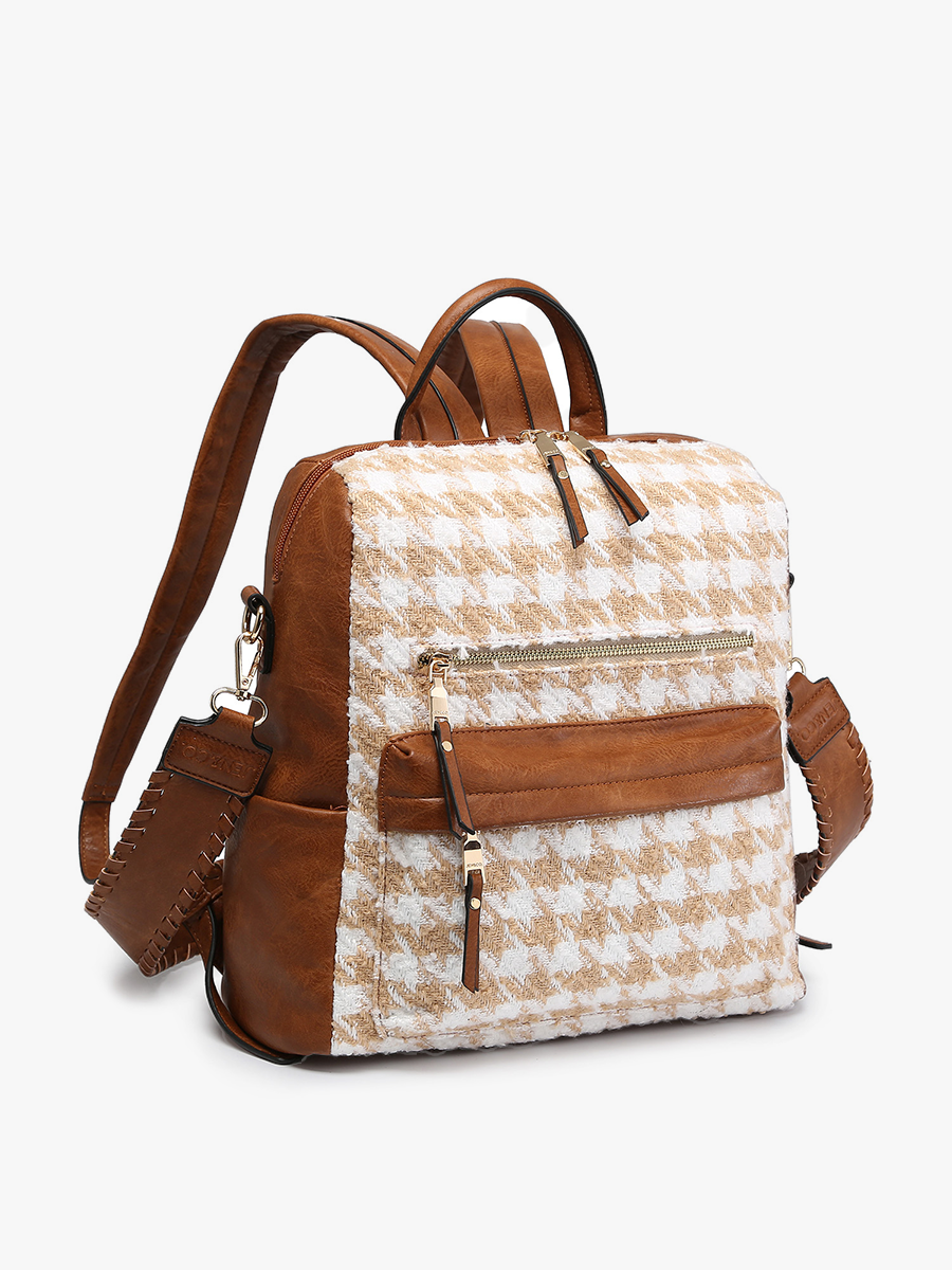 Amelia Houndstooth Convertible Backpack with Whipstitch Strap - Sand/White { product_type }}