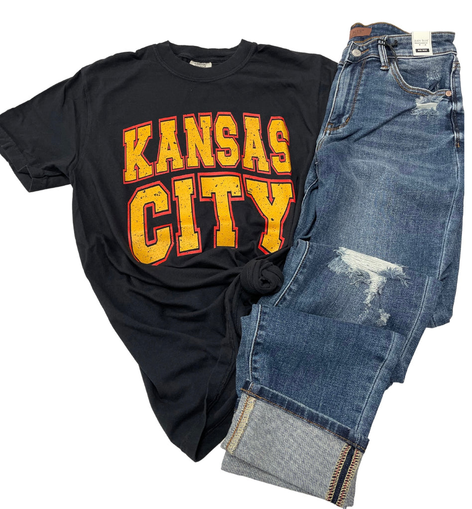 Kansas City Varsity Black Graphic Tee-Graphic Tees-Tres Birdos Graphic Tees-Three Birdies Boutique, Women's Fashion Boutique Located in Kearney, MO