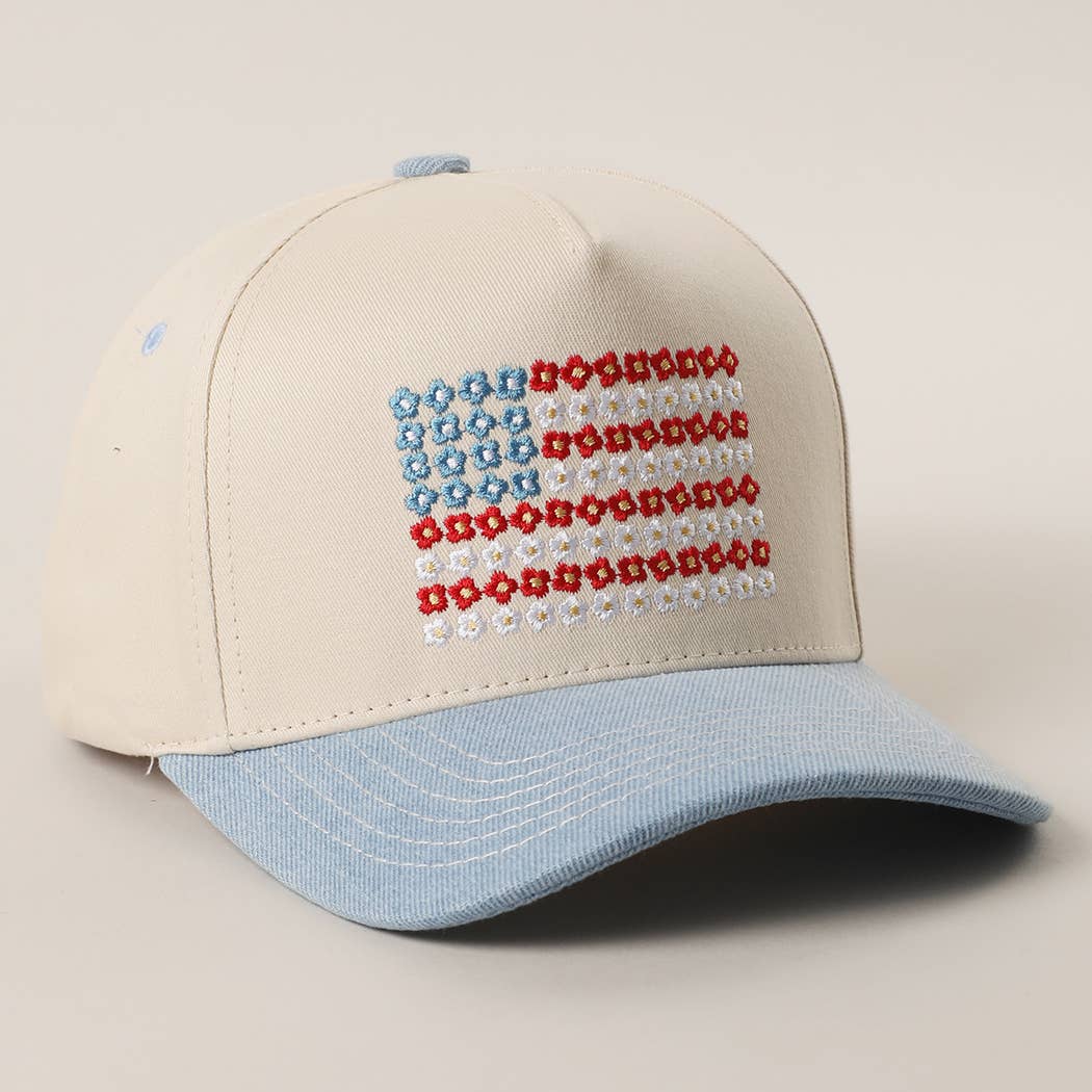 Floral American Flag Embroidered Two-Tone Denim Trucker Hat: LT DENIM / ONE SIZE { product_type }}