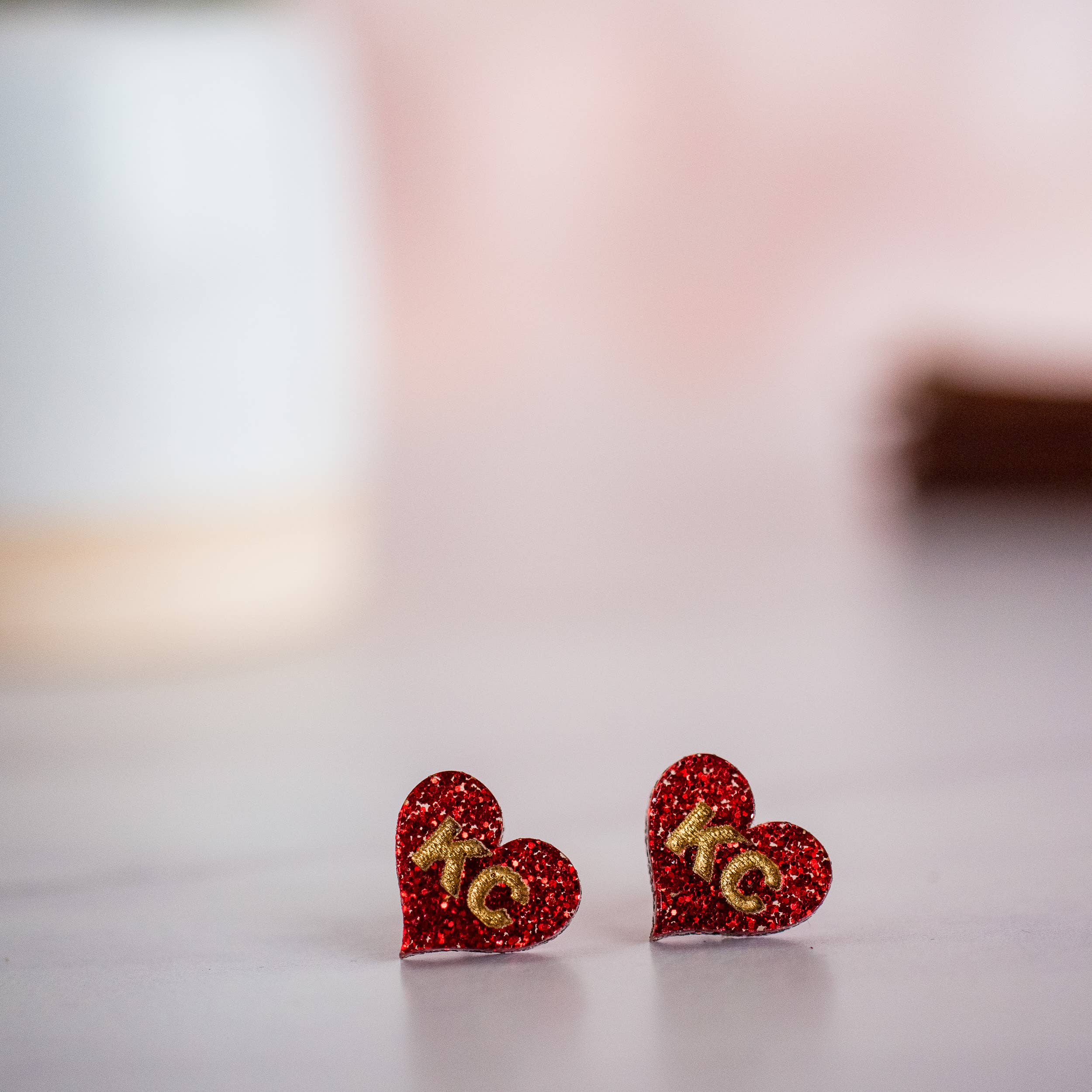 Kansas City Football Hand Painted Red Glitter KC Heart Studs { product_type }}