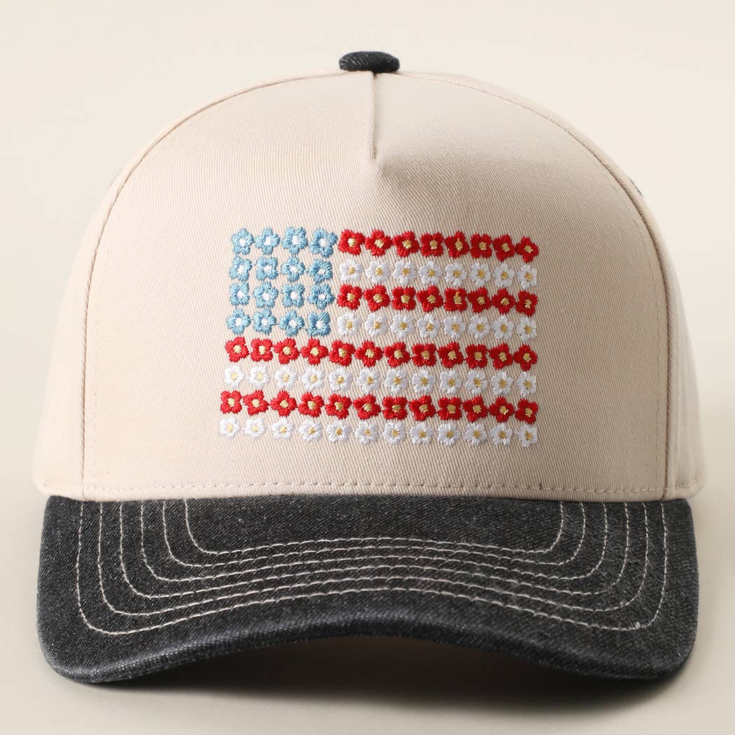 Floral American Flag Embroidered Two-Tone Denim Trucker Hat: LT DENIM / ONE SIZE { product_type }}