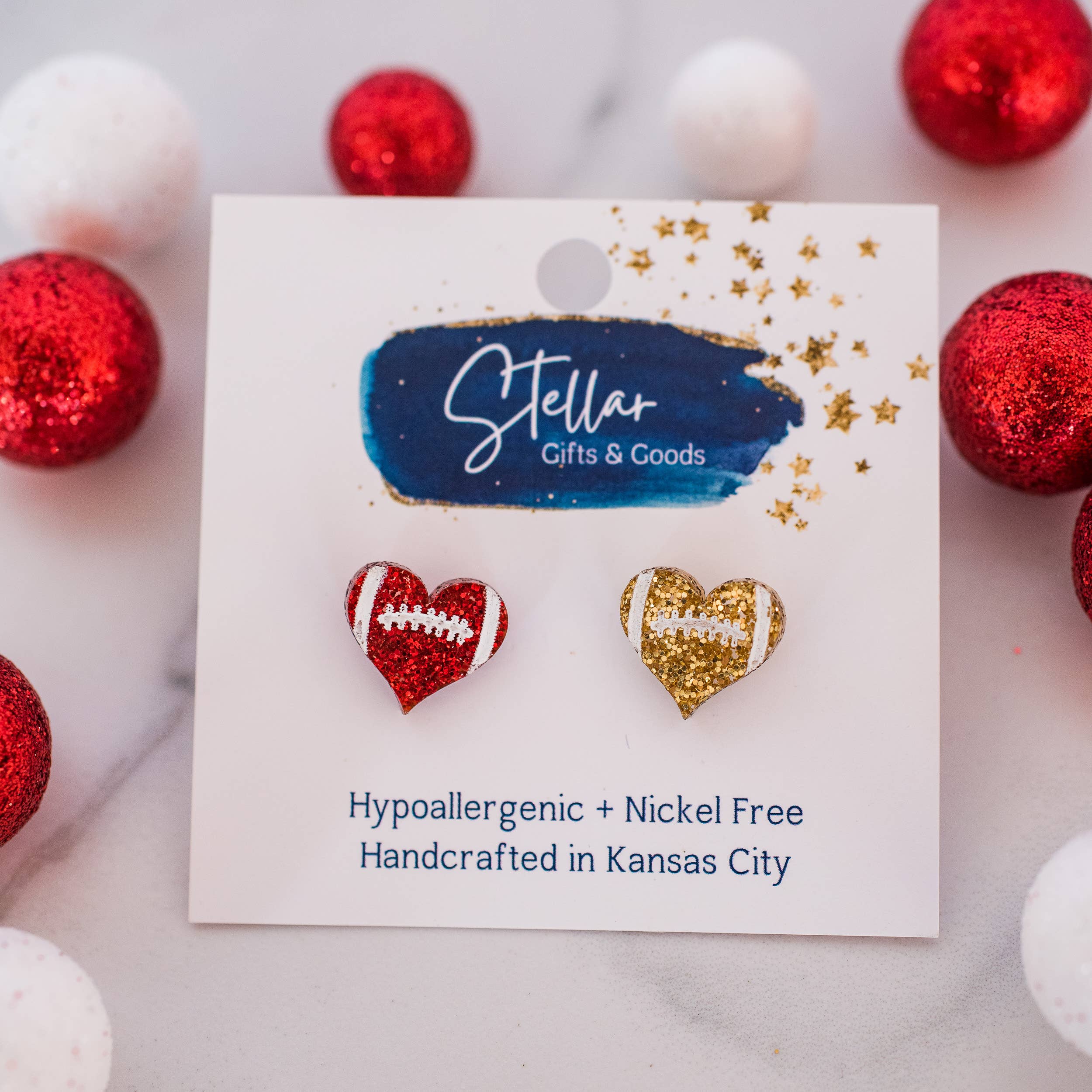 Kansas City Football Glitter Football Heart Studs { product_type }}