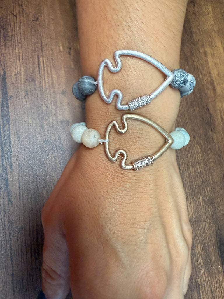 NEW! Bling Arrowhead Chunky Stone Stretch Bracelet: Pink Zebra Jasper-Paco Designs-Three Birdies Boutique, Women's Fashion Boutique Located in Kearney, MO