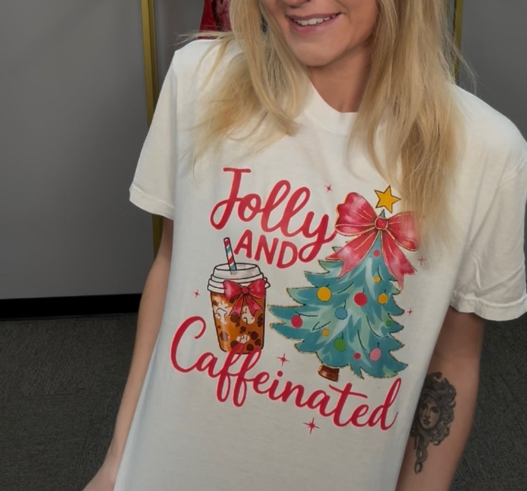 Jolly and Caffeinated Tee-Graphic Tees-Tres Birdos Graphic Tees-Three Birdies Boutique, Women's Fashion Boutique Located in Kearney, MO