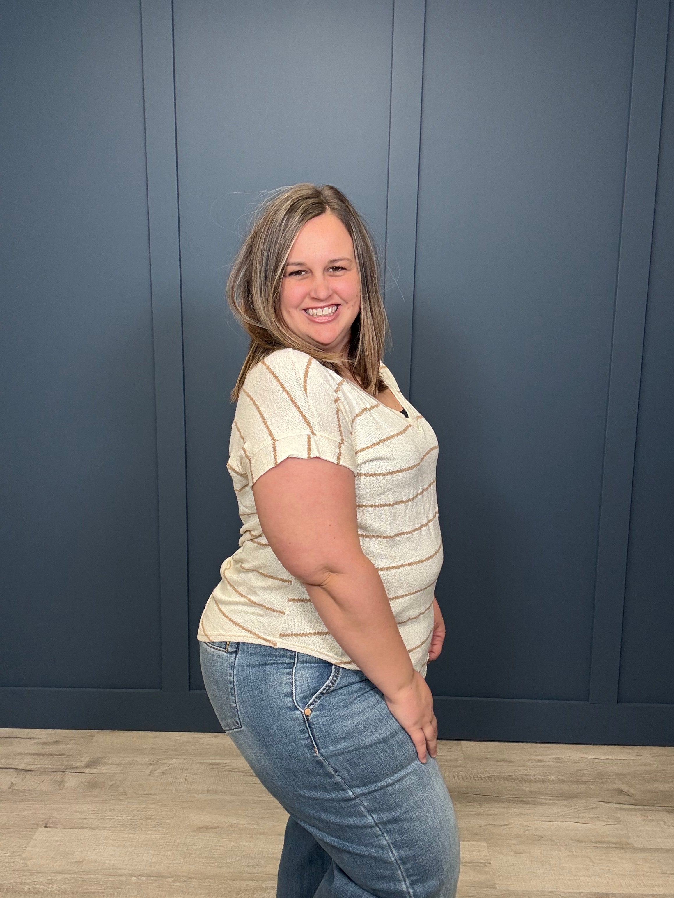 Stripe Cuffed Short Sleeve Top { product_type }}