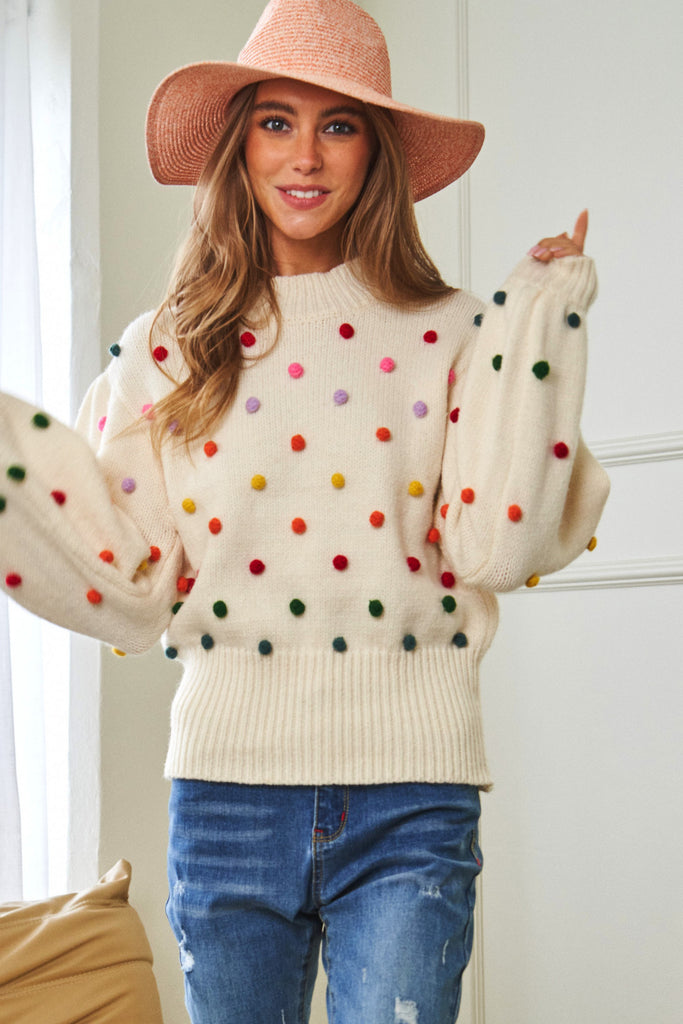 Rainbow Pom Pom Sweater-Sweater-Davi&Dani-Three Birdies Boutique, Women's Fashion Boutique Located in Kearney, MO