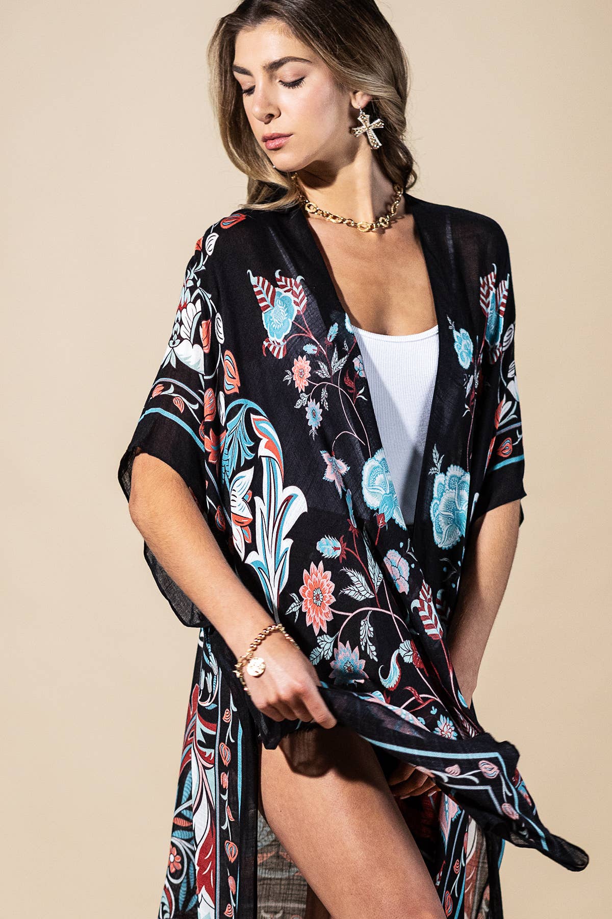 Midnight Vine Kimono: TEAL BLACK { product_type }}