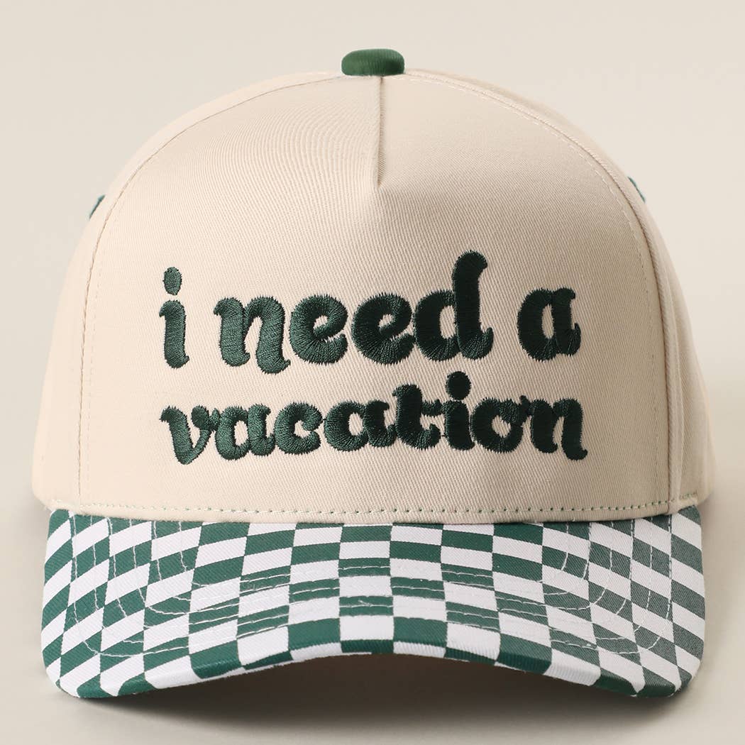 I Need A Vacation Embroidered Checkered Brim Trucker Hat: BLACK / ONE SIZE { product_type }}