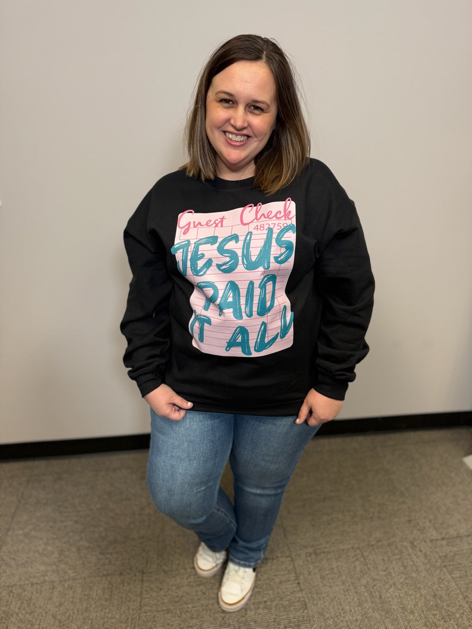 Jesus Paid The Check Crewneck-Graphic Tees-Tres Birdos Graphic Tees-Three Birdies Boutique, Women's Fashion Boutique Located in Kearney, MO