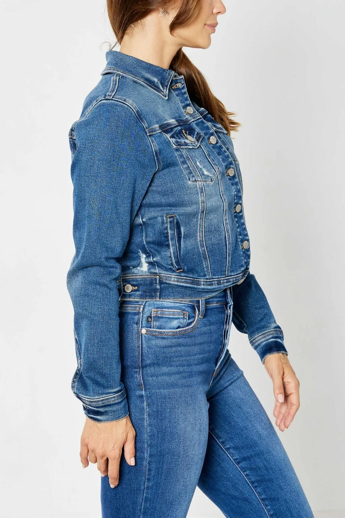 Judy Blue Classic Destroy Denim Jacket-Denim Jacket-Judy Blue-Three Birdies Boutique, Women's Fashion Boutique Located in Kearney, MO