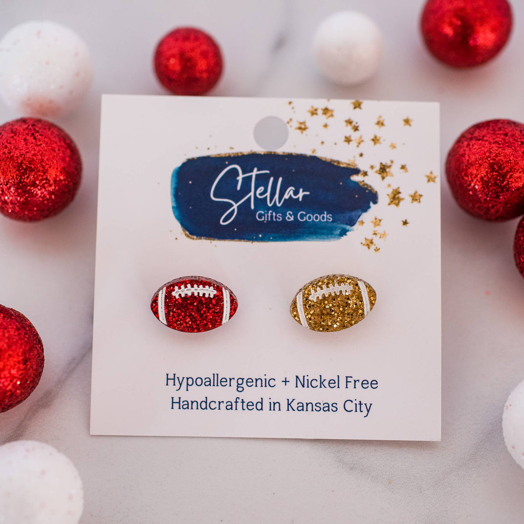 Kansas City Football Glitter Hand Painted Football Studs-Jewelry-Stellar Gifts & Goods Wholesale-Three Birdies Boutique, Women's Fashion Boutique Located in Kearney, MO