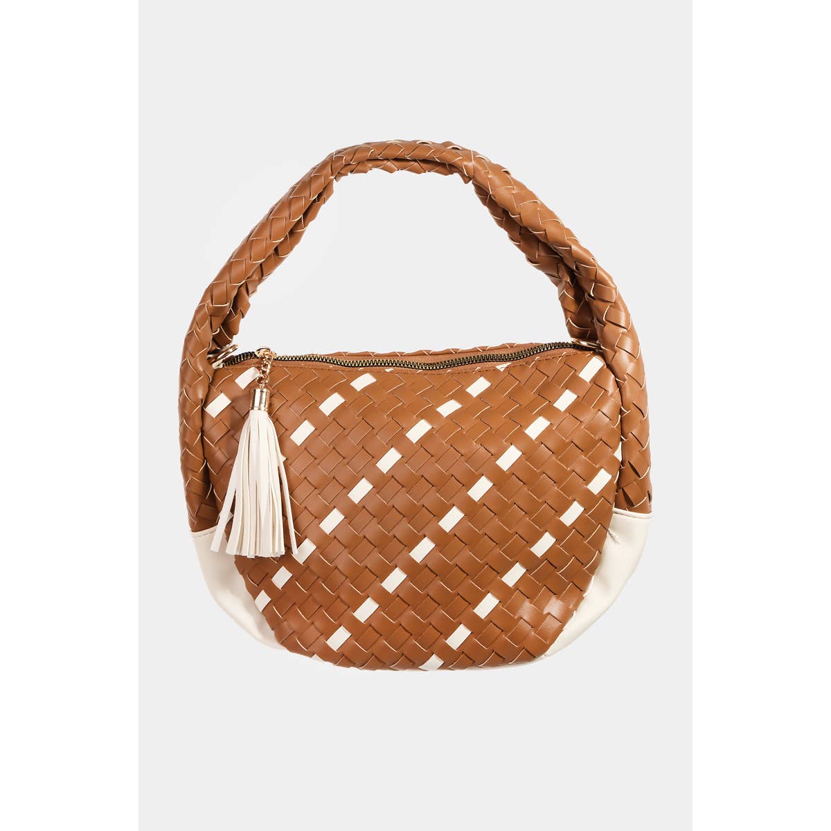 Faux Leather Basket Weave Semi Circle Bag: BR-Collections by Fame Accessories-Three Birdies Boutique, Women's Fashion Boutique Located in Kearney, MO