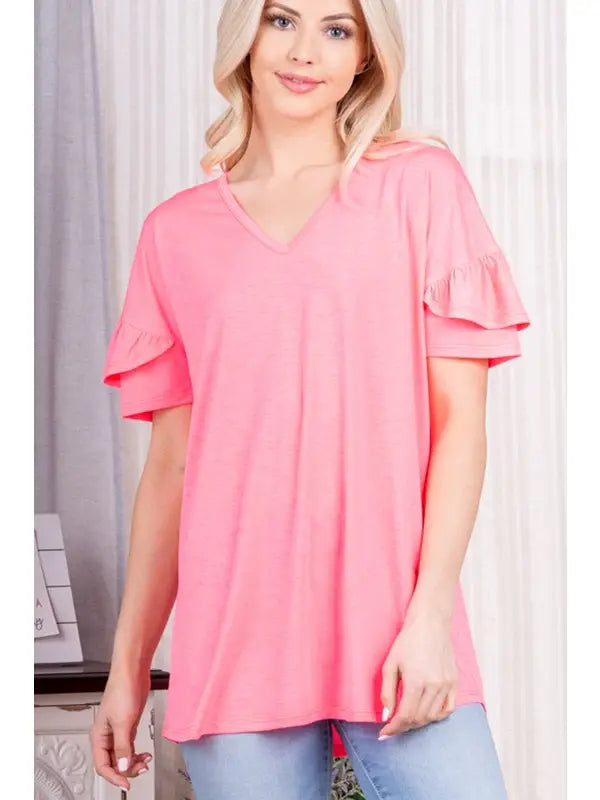 Ruffled Neon Pink Blouse-Tank Top-Heimish-Three Birdies Boutique, Women's Fashion Boutique Located in Kearney, MO