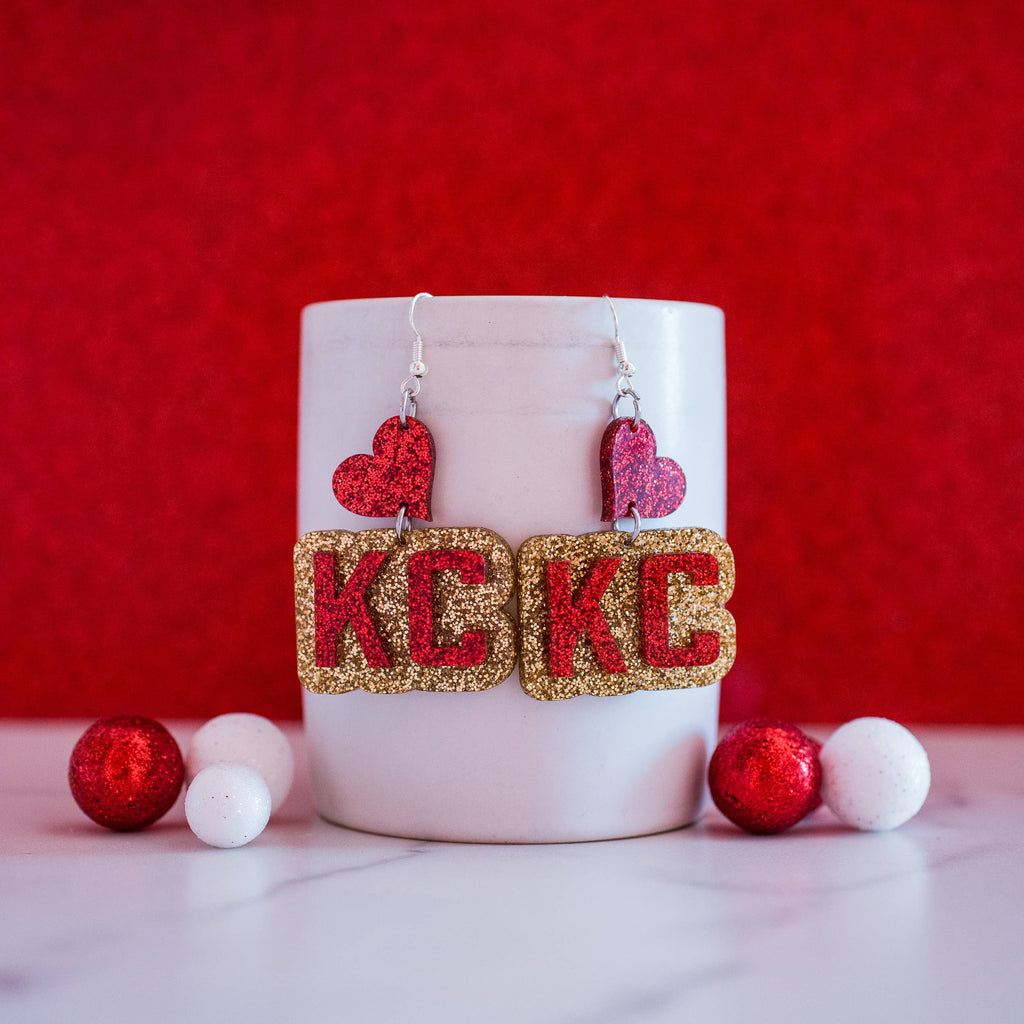 KC Football - Glitter KC Heart Drops Kansas City Red Gold-Jewelry-Stellar Gifts & Goods Wholesale-Three Birdies Boutique, Women's Fashion Boutique Located in Kearney, MO