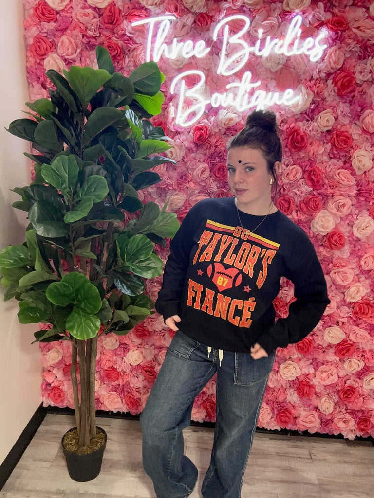 Go Taylors Fiancé Black Crewneck-Graphic Tees-Tres Birdos Graphic Tees-Three Birdies Boutique, Women's Fashion Boutique Located in Kearney, MO