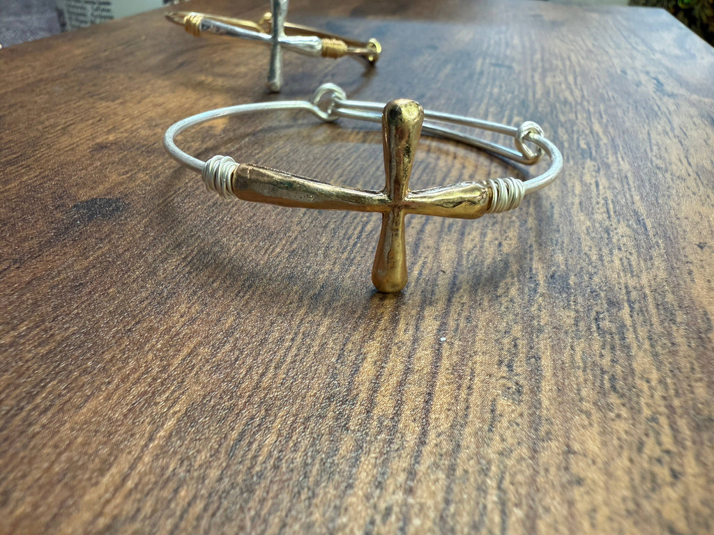 Two-tone Wire Wrapped Cross Bangle Bracelet : Silver-Paco Designs-Three Birdies Boutique, Women's Fashion Boutique Located in Kearney, MO