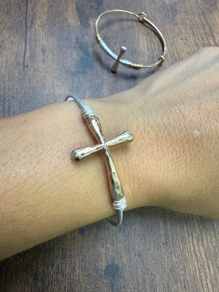 Two-tone Wire Wrapped Cross Bangle Bracelet : Silver-Paco Designs-Three Birdies Boutique, Women's Fashion Boutique Located in Kearney, MO