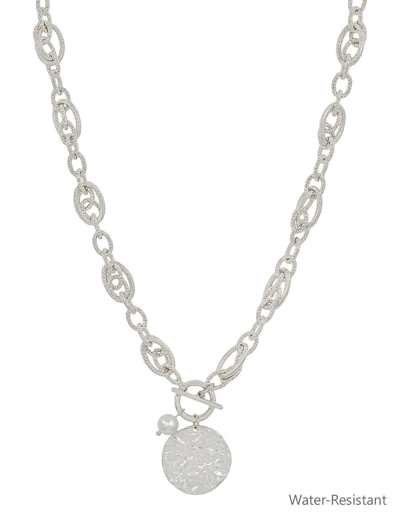 Silver Chain with Hammered Coin and Pearl Necklace-Accessories-What's Hot-Three Birdies Boutique, Women's Fashion Boutique Located in Kearney, MO
