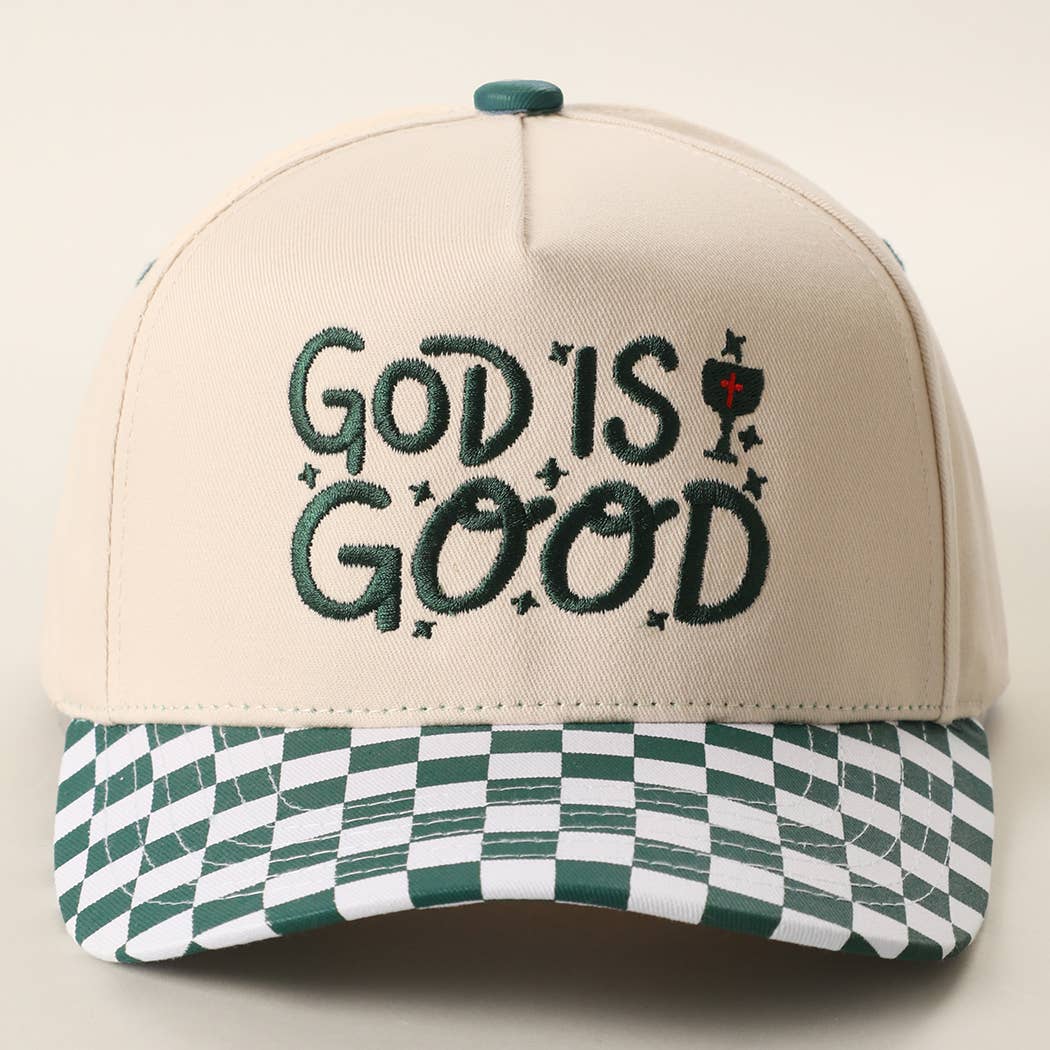 GOD IS GOOD Embroidered Checkered Brim Trucker Hat: RED / ONE SIZE { product_type }}