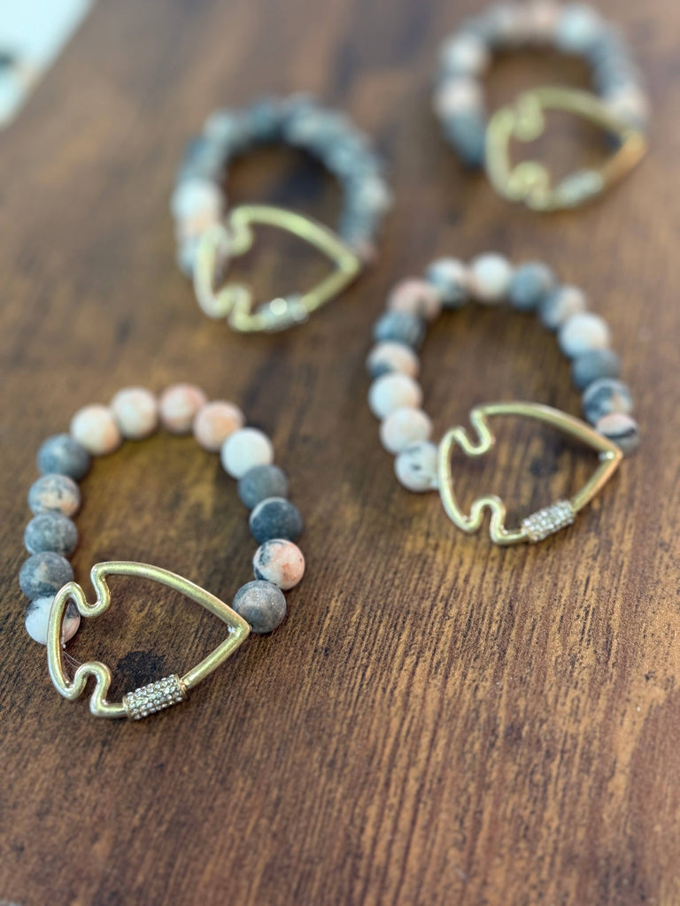 NEW! Bling Arrowhead Chunky Stone Stretch Bracelet: Pink Zebra Jasper-Paco Designs-Three Birdies Boutique, Women's Fashion Boutique Located in Kearney, MO