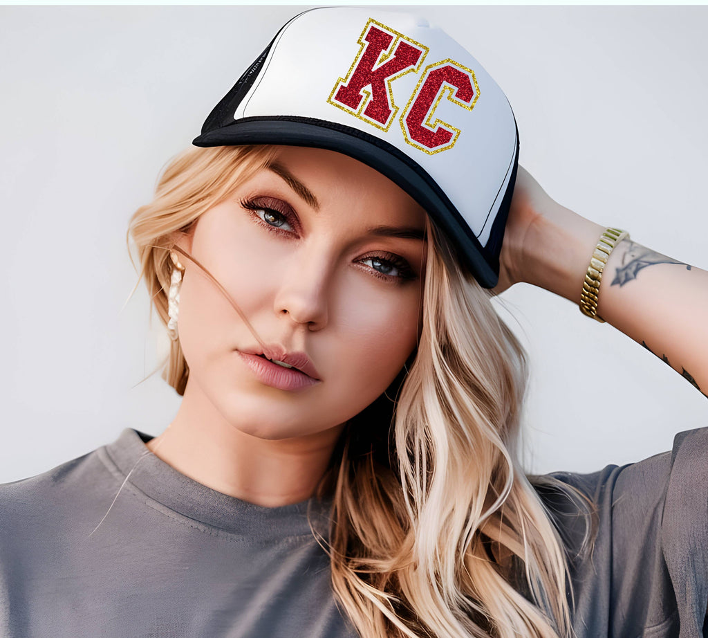 Glitter KC Gameday Trucker Hat: Black/White-One Nine-Three Birdies Boutique, Women's Fashion Boutique Located in Kearney, MO