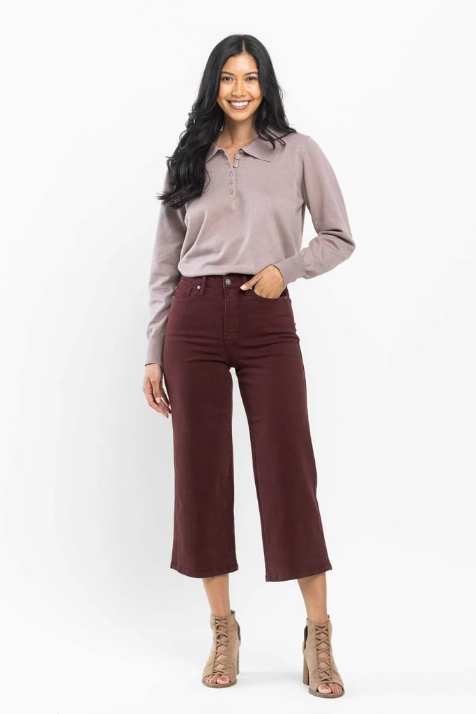 Judy Blue Cropped Wide Leg in Oxblood-Denim-Judy Blue-Three Birdies Boutique, Women's Fashion Boutique Located in Kearney, MO